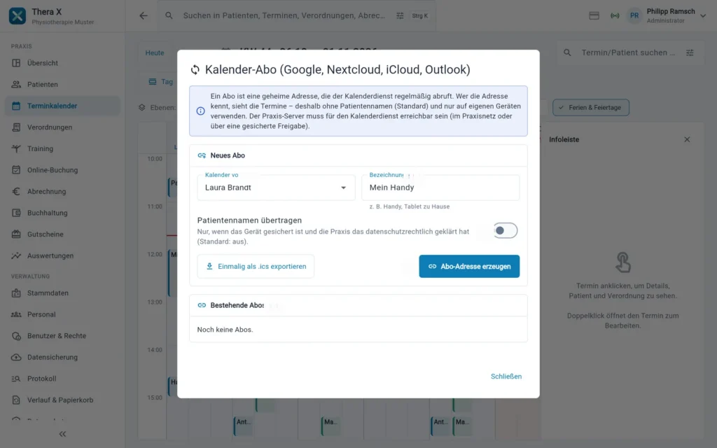 Thera X: Kalender-Abo einrichten (frei erfundene Beispieldaten)