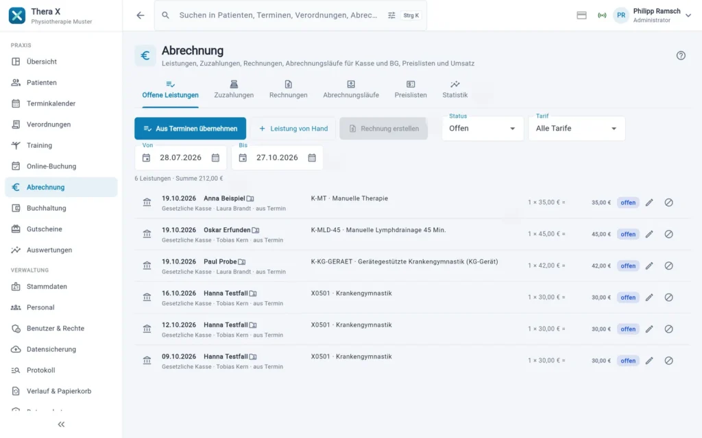 Thera X: Abrechnung, Reiter „Offene Leistungen“ (frei erfundene Beispieldaten)