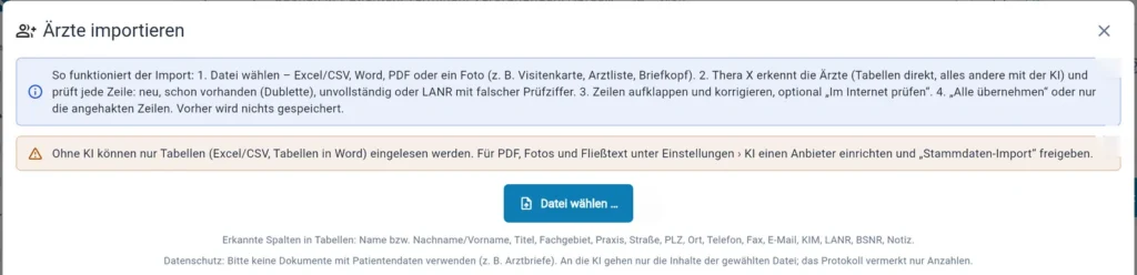 Thera X: Dialog „Ärzte importieren“ (frei erfundene Beispieldaten)