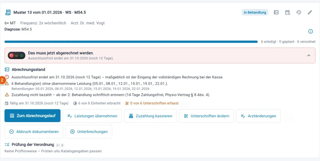 Thera X: Aufgeklappter Abrechnungsstand einer Verordnung (frei erfundene Beispieldaten)