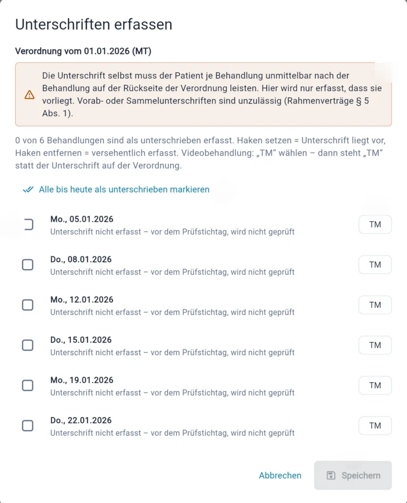 Thera X: Dialog „Unterschriften erfassen“ (frei erfundene Beispieldaten)
