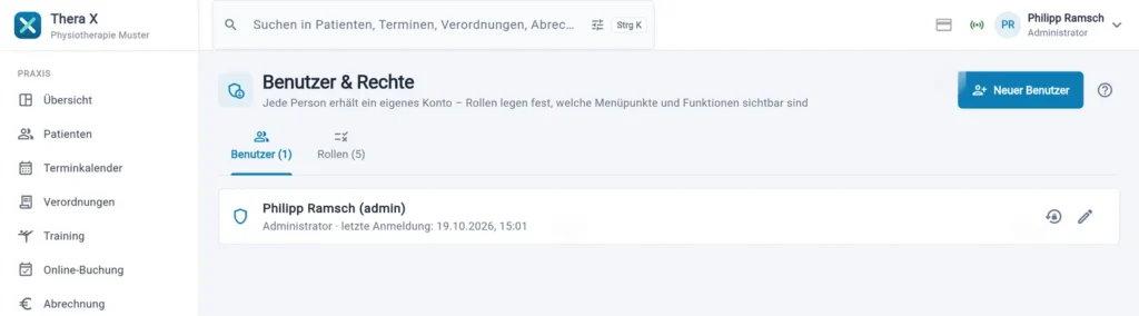 Thera X: Benutzer & Rechte, Reiter „Benutzer“ (frei erfundene Beispieldaten)