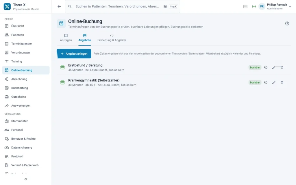 Thera X: Reiter „Angebote“ (frei erfundene Beispieldaten)