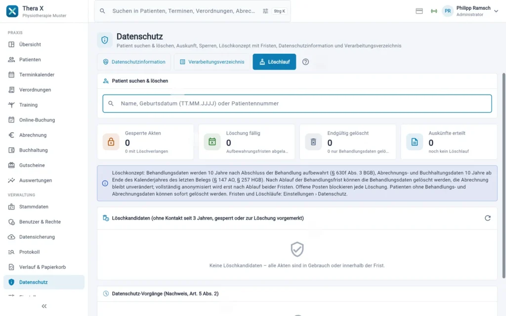 Thera X: Die Seite „Datenschutz“ (frei erfundene Beispieldaten)