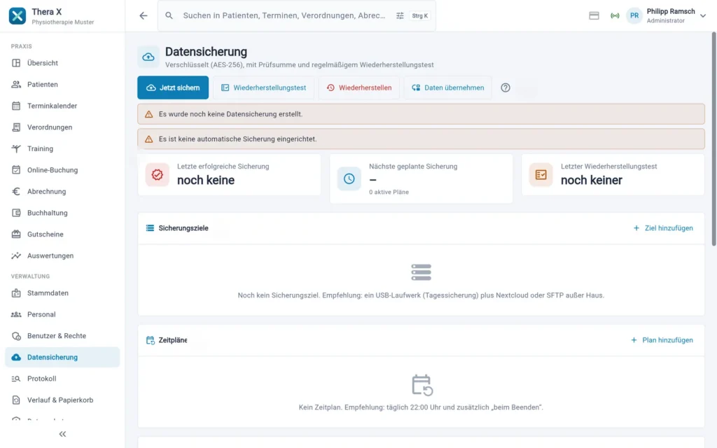 Thera X: Die Seite „Datensicherung“ (frei erfundene Beispieldaten)