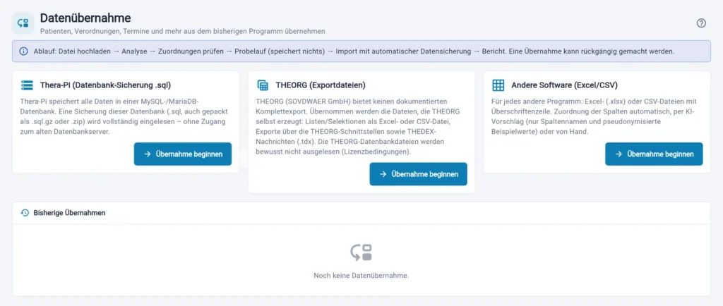 Thera X: Datenübernahme – Quelle wählen (frei erfundene Beispieldaten)