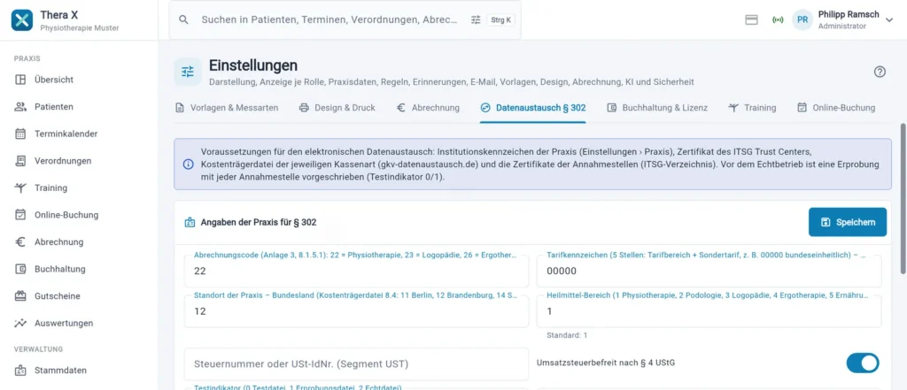 Thera X: Einstellungen › Datenaustausch § 302 (frei erfundene Beispieldaten)