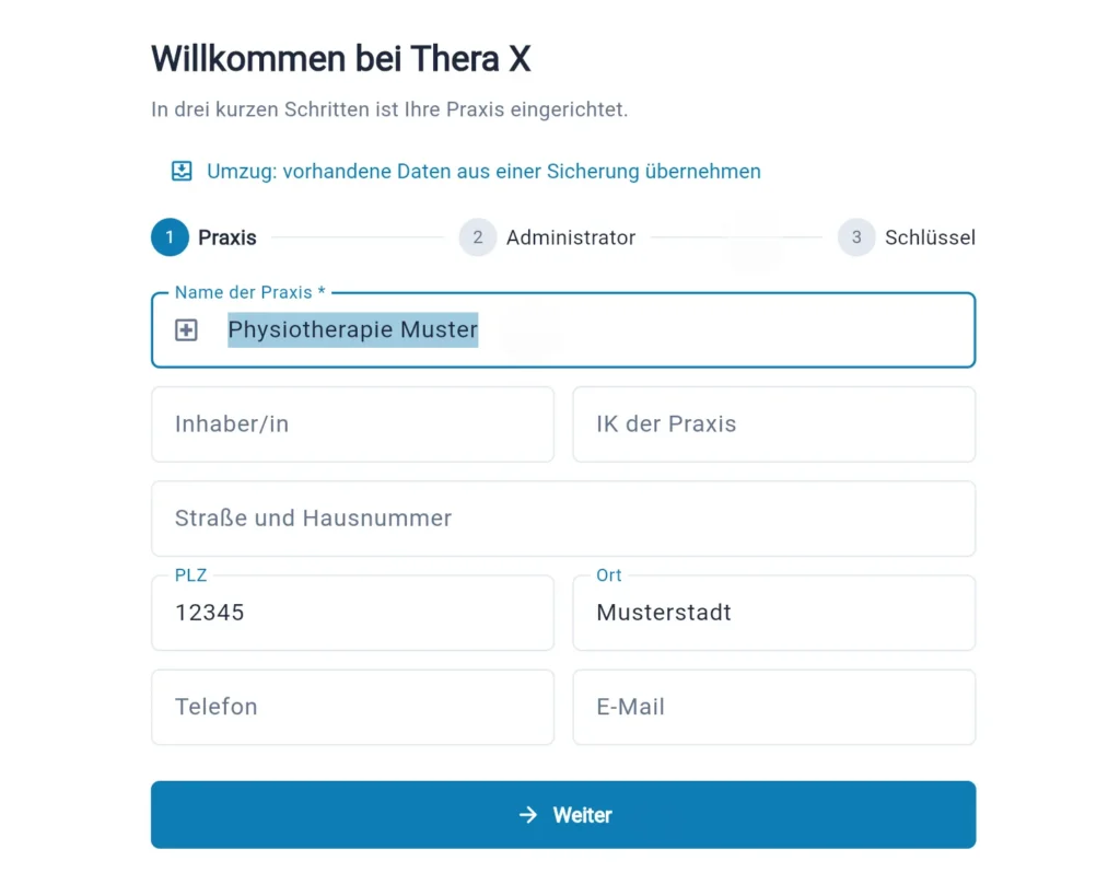 Thera X: Einrichtungsassistent, Schritt 1 „Praxis“ (frei erfundene Beispieldaten)