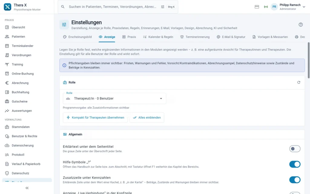 Thera X: Einstellungen › Anzeige (Vorschlag „Kompakt für Therapeuten“ übernommen, noch nicht gespeichert) (frei erfundene Beispieldaten)