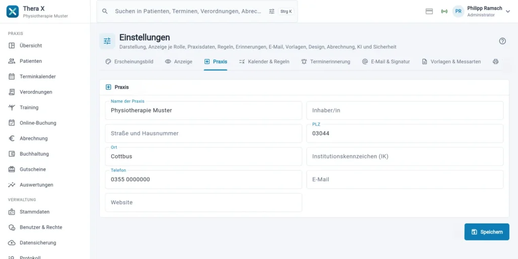 Thera X: Einstellungen, Reiter „Praxis“ (frei erfundene Beispieldaten)