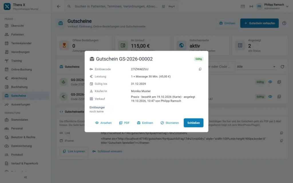Thera X: Details eines Gutscheins (frei erfundene Beispieldaten)