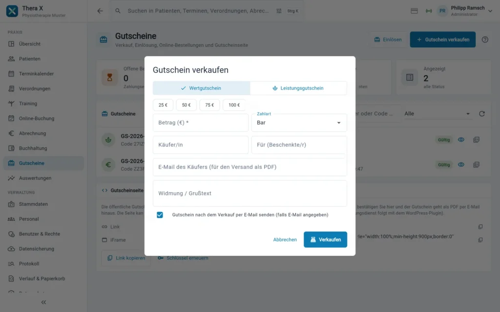 Thera X: Dialog „Gutschein verkaufen“ (frei erfundene Beispieldaten)