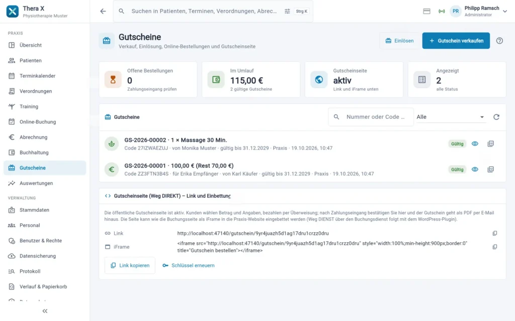 Thera X: Seite „Gutscheine“ (frei erfundene Beispieldaten)