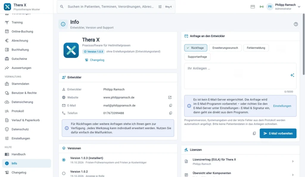 Thera X: Seite „Info“ (frei erfundene Beispieldaten)