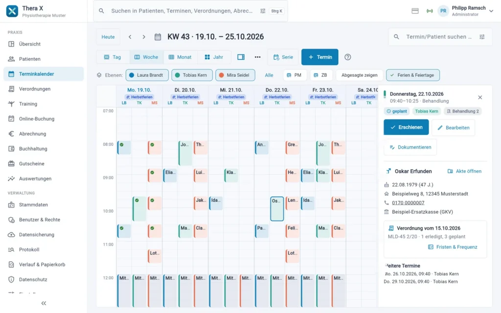 Thera X: Infoleiste mit Termin, Patient und Verordnung (frei erfundene Beispieldaten)
