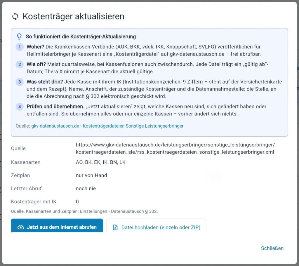 Thera X: Dialog „Kostenträger aktualisieren“ (frei erfundene Beispieldaten)