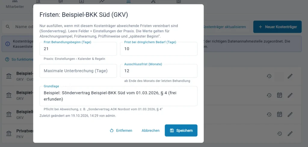 Thera X: Dialog „Fristen“ eines Kostenträgers mit Sondervertrag (Beispielwerte, frei erfunden) (frei erfundene Beispieldaten)
