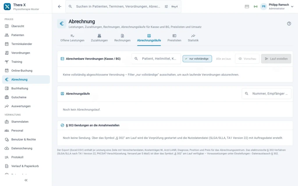 Thera X: Abrechnung › Abrechnungsläufe (frei erfundene Beispieldaten)