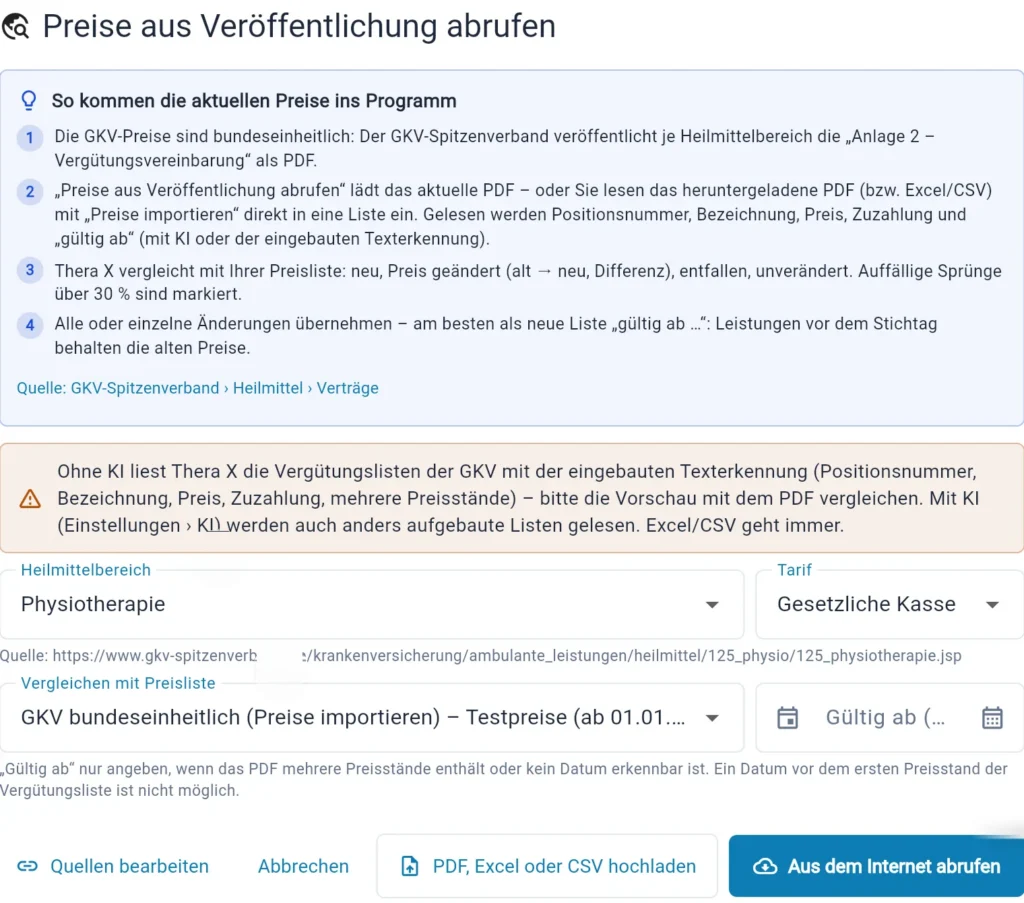 Thera X: Dialog „Preise aus Veröffentlichung abrufen“ (frei erfundene Beispieldaten)