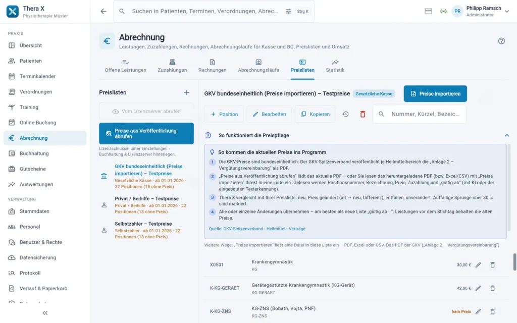 Thera X: Abrechnung › Preislisten (frei erfundene Beispieldaten)