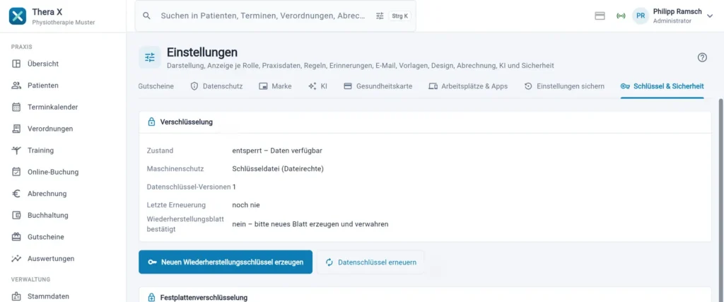 Thera X: Einstellungen › Schlüssel & Sicherheit (frei erfundene Beispieldaten)