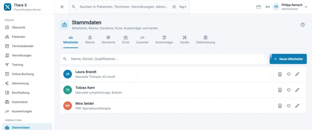 Thera X: Stammdaten › Mitarbeiter (frei erfundene Beispieldaten)