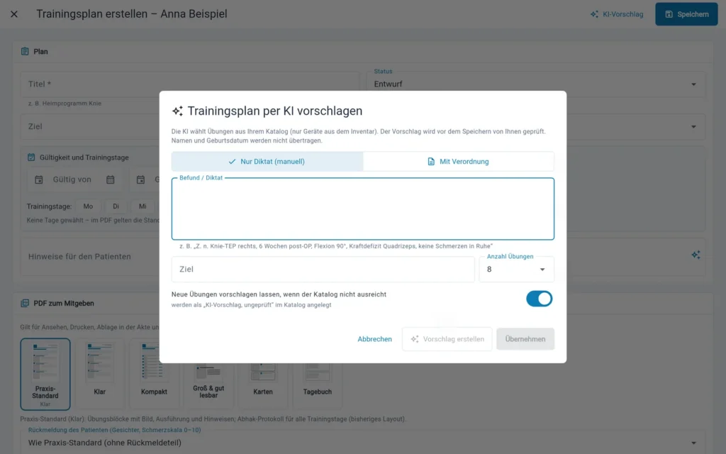Thera X: Trainingsplan per KI vorschlagen (frei erfundene Beispieldaten)