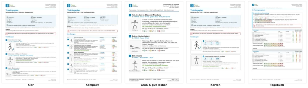 Thera X: Die fünf Designs des Trainingsplan-PDFs (DIN A4 hoch, mit Rückmeldung) (frei erfundene Beispieldaten)