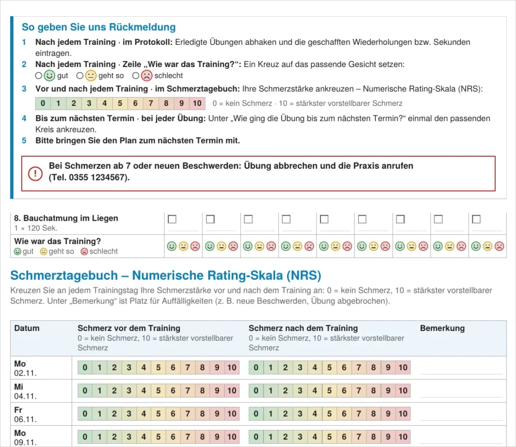 Thera X: Rückmeldeteil – Anleitung, Gesichter je Trainingstag und Schmerztagebuch (NRS) (frei erfundene Beispieldaten)
