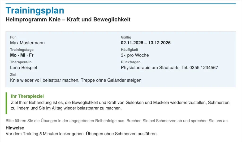 Thera X: Trainingsplan-PDF mit Abschnitt „Ihr Therapieziel“ (frei erfundene Beispieldaten)