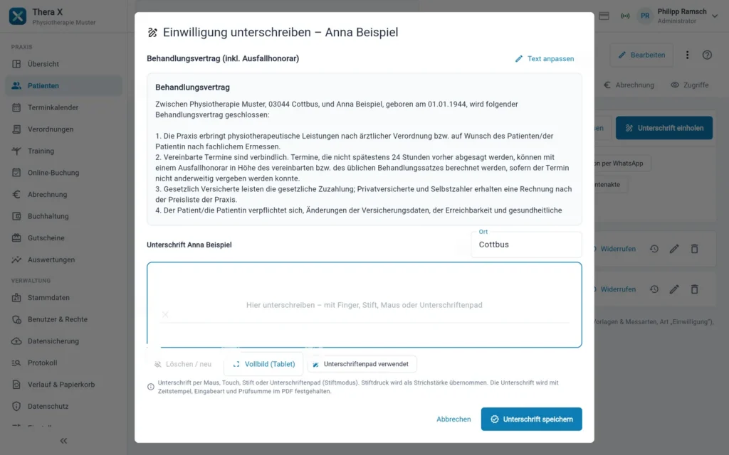 Thera X: Einwilligung unterschreiben (frei erfundene Beispieldaten)