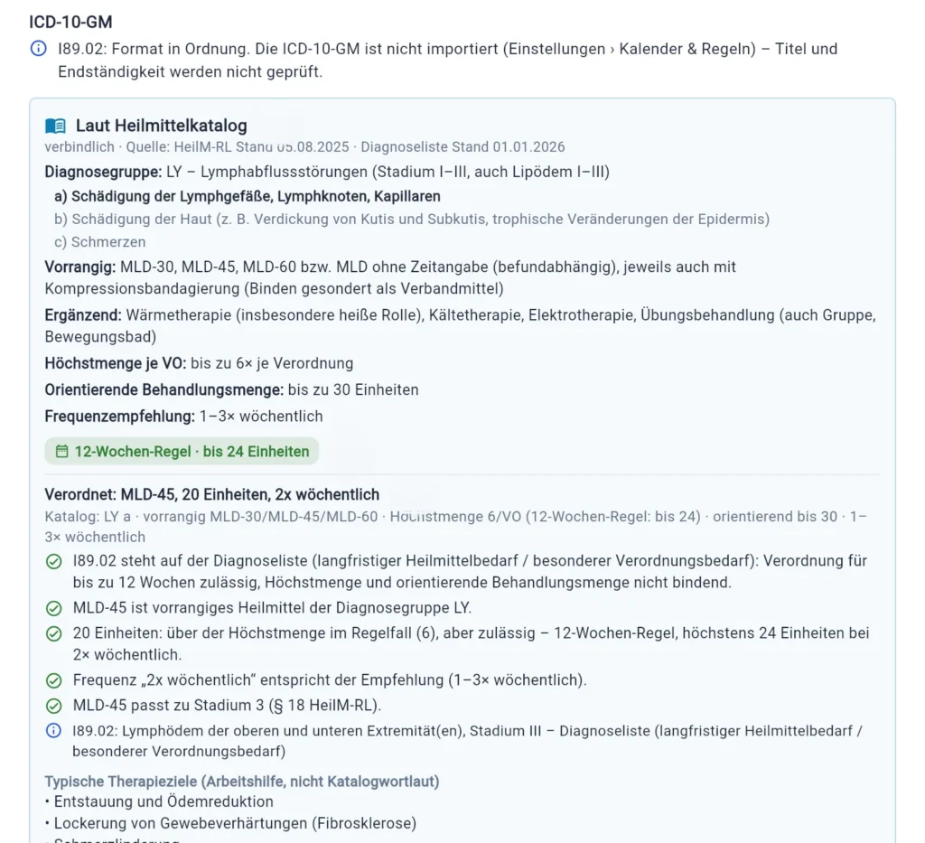 Thera X: Kasten „Laut Heilmittelkatalog“ mit Abgleich der Verordnung (frei erfundene Beispieldaten)