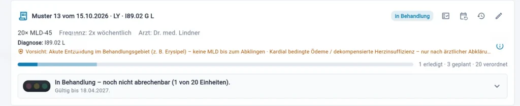 Thera X: Kurzinfo zur Diagnose auf der Verordnungskarte der Akte (frei erfundene Beispieldaten)