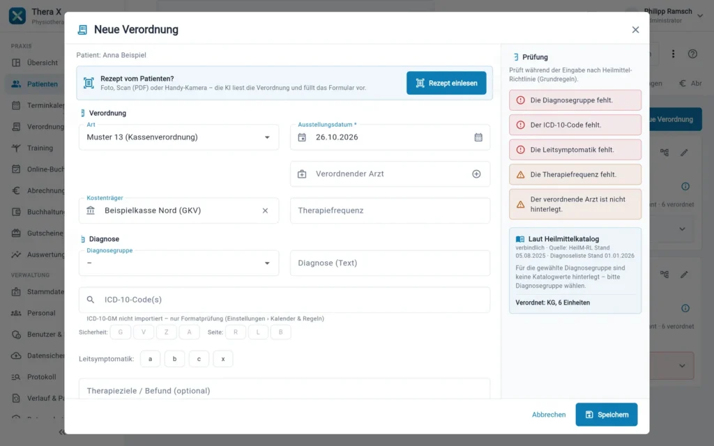 Thera X: Formular „Neue Verordnung“ mit Live-Prüfung (frei erfundene Beispieldaten)