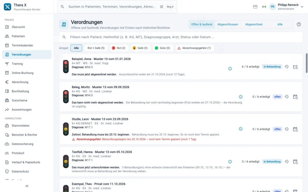 Thera X: Seite „Verordnungen“ (frei erfundene Beispieldaten)