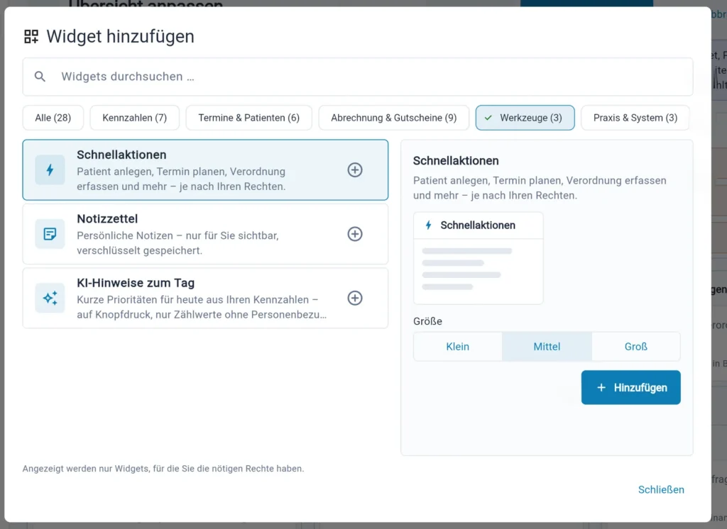 Thera X: Dialog „Widget hinzufügen“ (frei erfundene Beispieldaten)