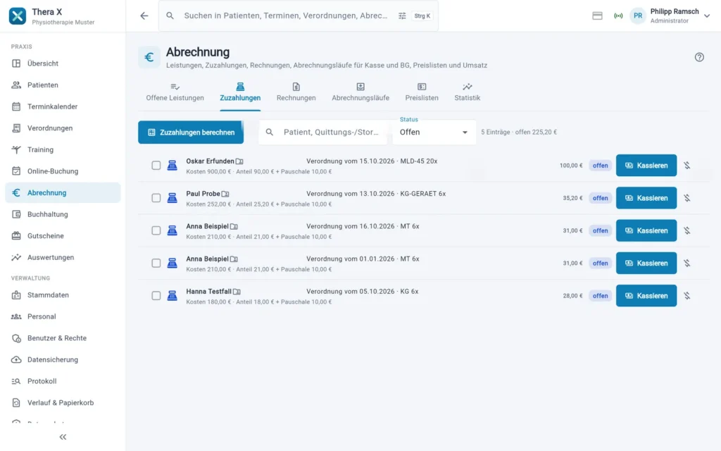 Thera X: Abrechnung › Zuzahlungen (frei erfundene Beispieldaten)