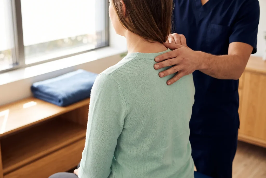 Physiotherapeut untersucht Schulter und Nacken einer Patientin – Befund für die Körperkarte