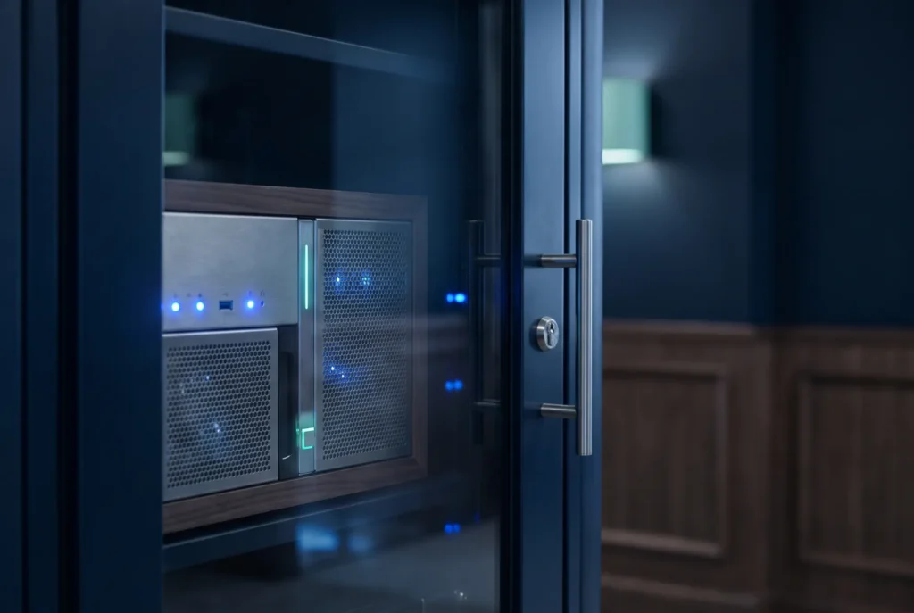 Praxis-Server mit blauen Statusleuchten im abgeschlossenen Schrank – Daten bleiben in der Praxis