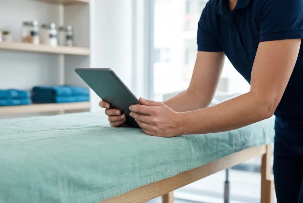 Physiotherapeut dokumentiert die Behandlung am Tablet neben der Behandlungsliege