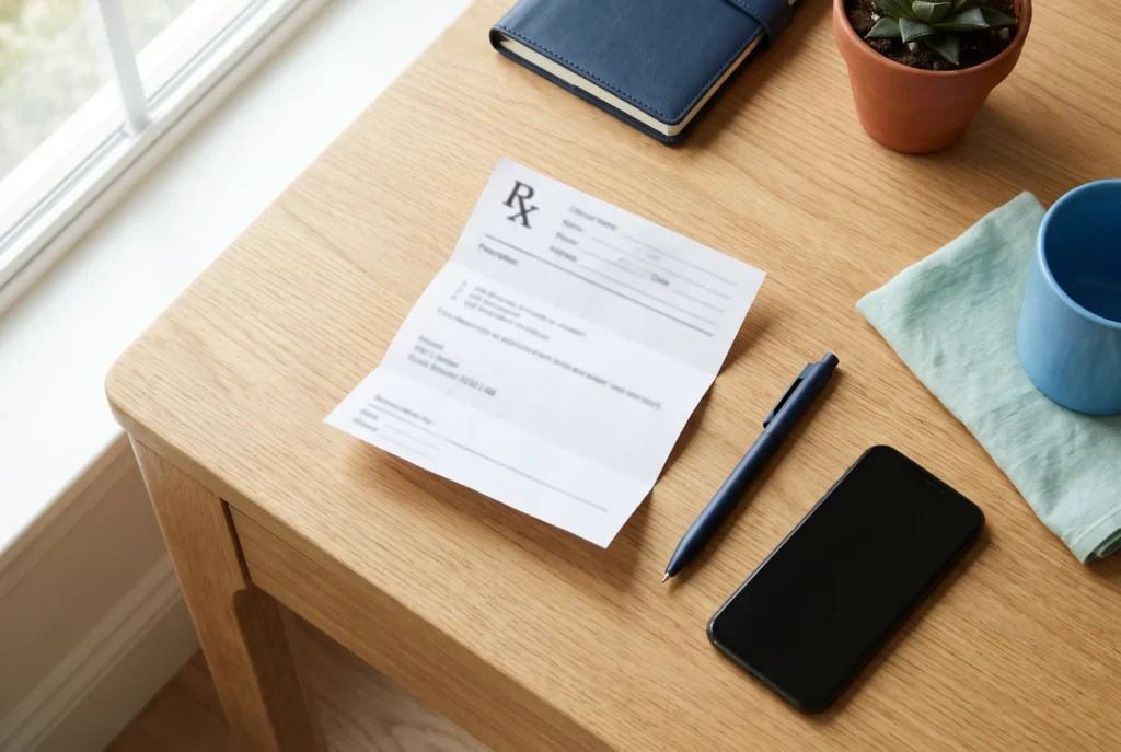 Papier-Verordnung mit Stift und Smartphone auf dem Schreibtisch – Rezept einlesen per Handy