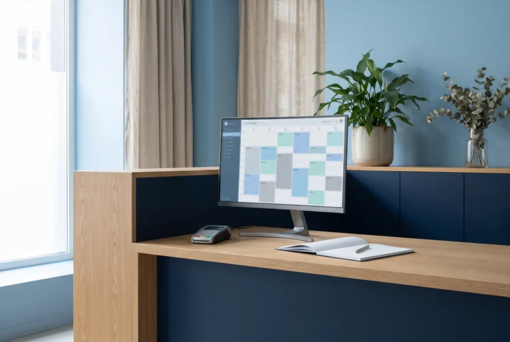 Ruhiger Empfangsbereich einer Physiotherapiepraxis mit Monitor und Kartenleser