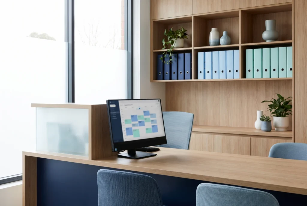 Ruhiger Empfang einer Physiotherapiepraxis mit Monitor und Terminkalender