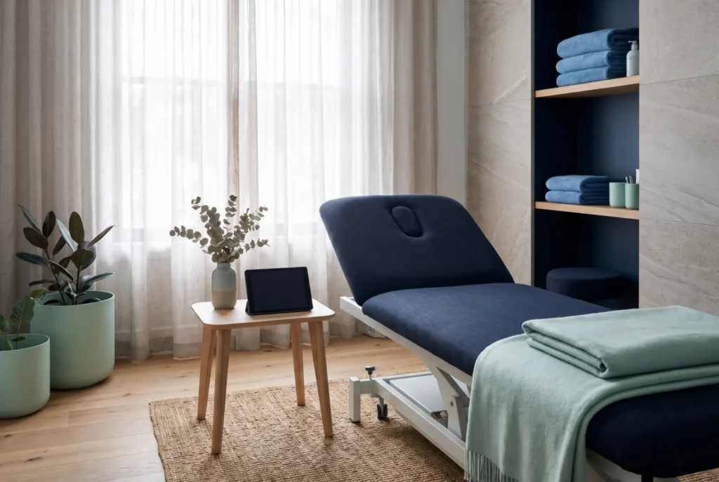 Behandlungsraum einer Physiotherapiepraxis mit Tablet am Behandlungsplatz