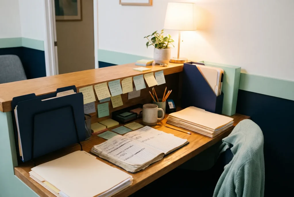 Empfangstresen einer Physiotherapiepraxis mit Terminbuch aus Papier, Ordnern und Notizzetteln