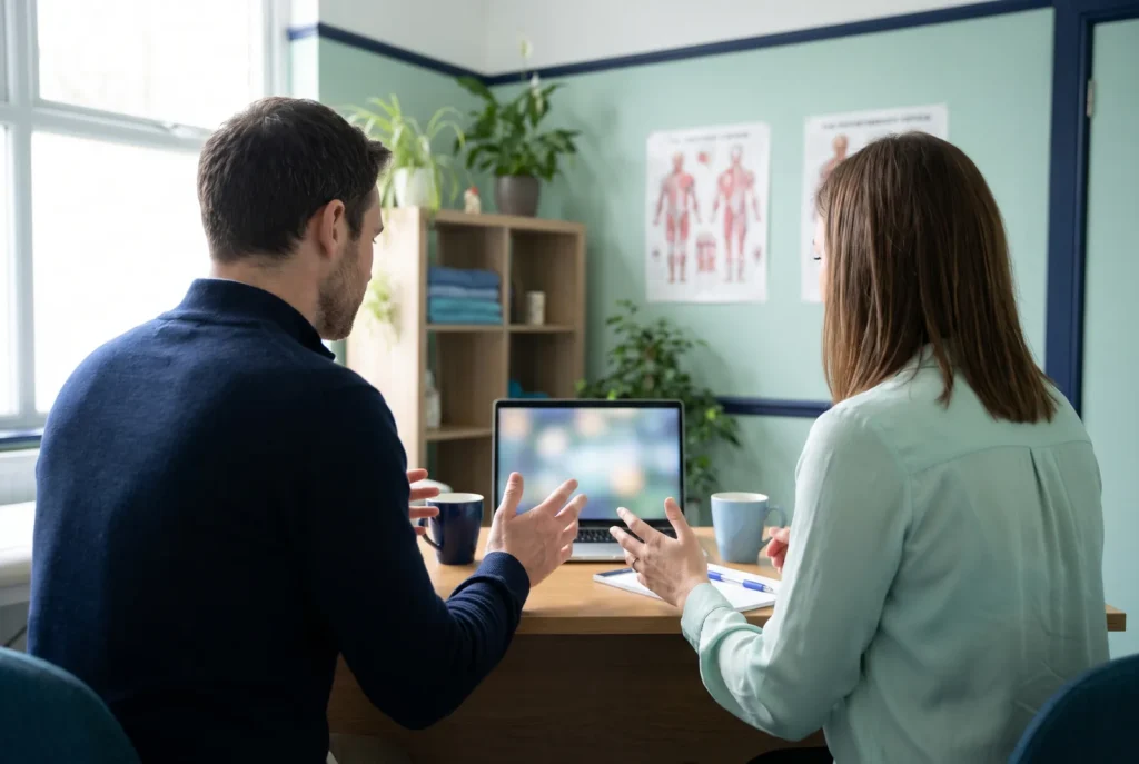 Zwei Personen von hinten im Gespräch vor einem Laptop im Büro einer Physiotherapiepraxis