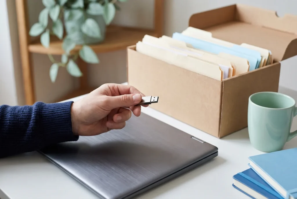 Hand hält einen USB-Stick über einem Laptop neben einer Archivbox mit Ordnern