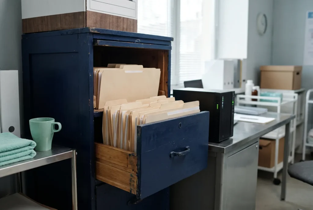 Schrank mit Archivordnern neben einem kleinen Server im Büro einer Praxis