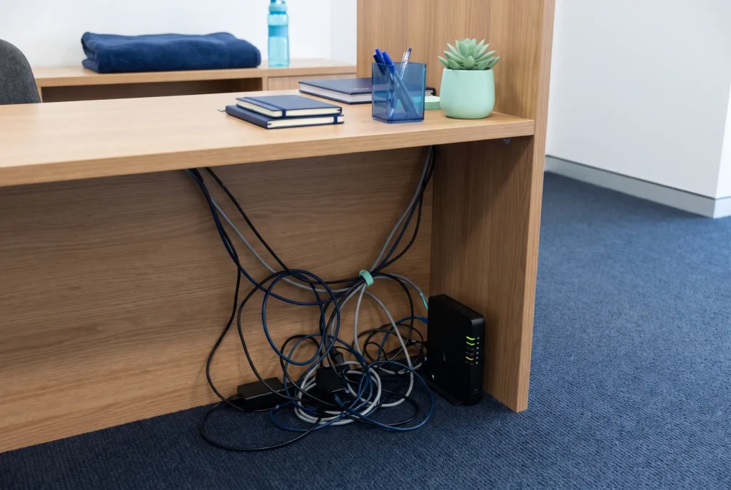 Kabelgewirr und Router unter einem aufgeräumten Empfangstresen einer Praxis