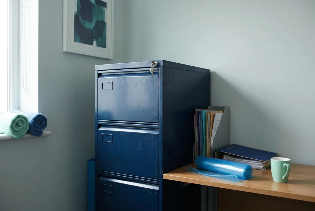 Abschließbarer Aktenschrank mit Schlüssel im Büro einer Physiotherapiepraxis
